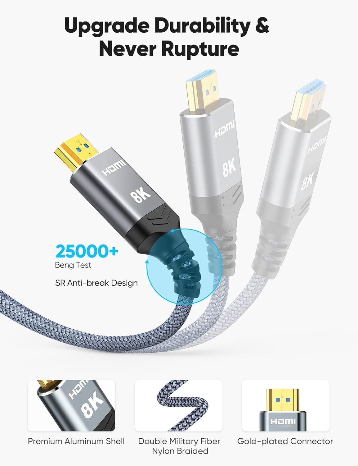 Câble HDMI 8K 10K 4K 48 Gbit/s 2 m, Câble HDMI Ultra Haut Débit certifié, Cordon tressé - 4K@120Hz 8K@60Hz, DTS:X, HDCP 2.2 & 2.3, Compatible HDR 10 avec Roku TV/PS5/HDTV/Blu-ray