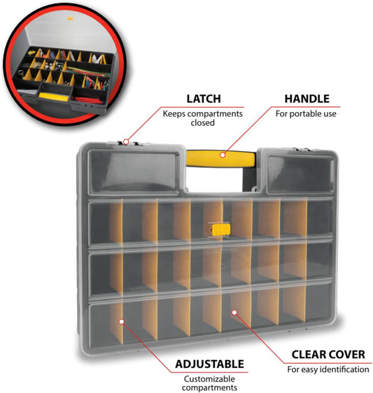 Performance Tool W54037 26 Adjustable Compartment Hardware Organizer Box With Dividers - Durable Plastic Screw Organizer For Nuts, Bolts, Screws, Nails, and Small Hardware