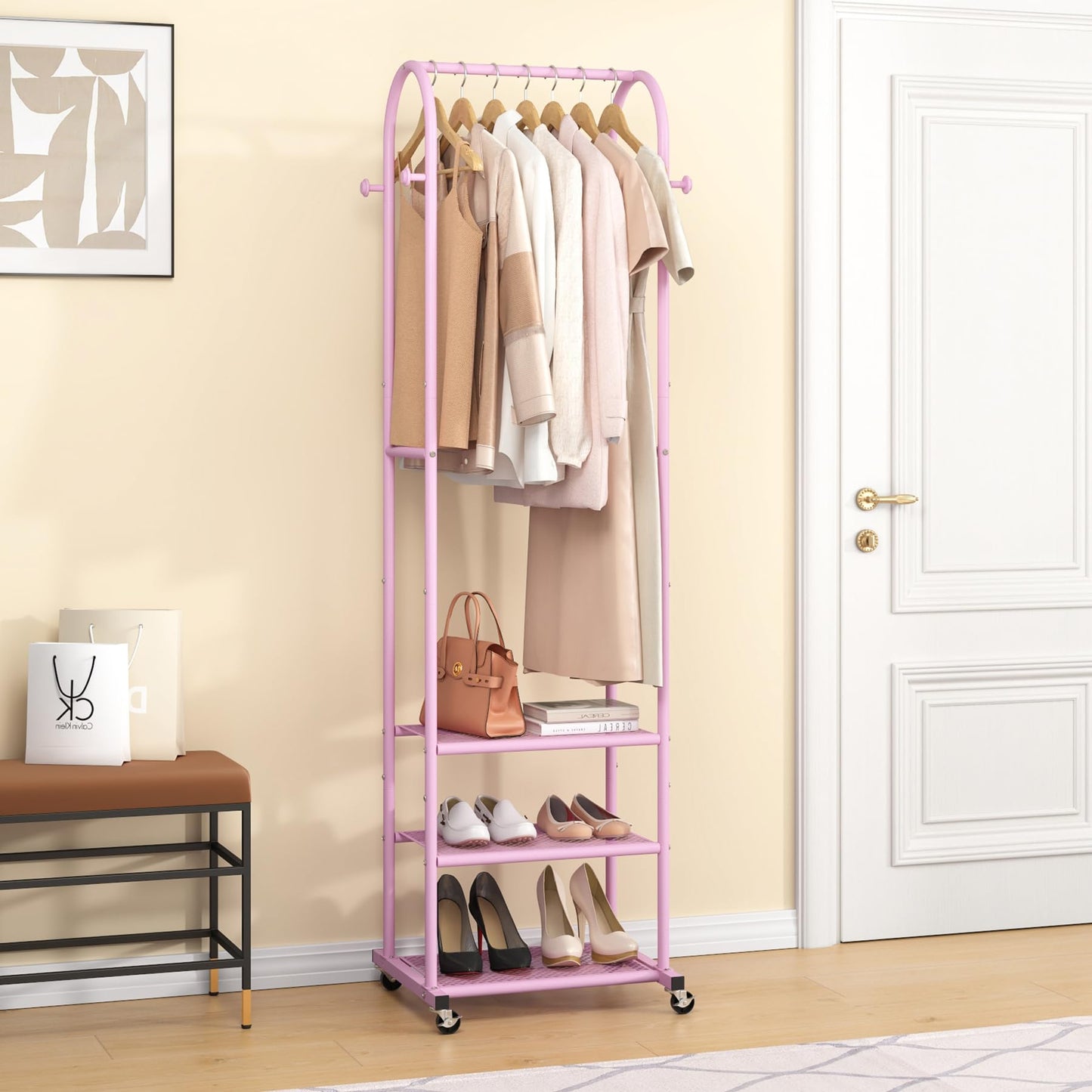 Duty Clothing Rack with Wheels,Modern Garment Rack with 3 Metal Shelves, 71.8Inches Display Rack for Hanging Clothes, Hanging Rod for Small Space,Gold