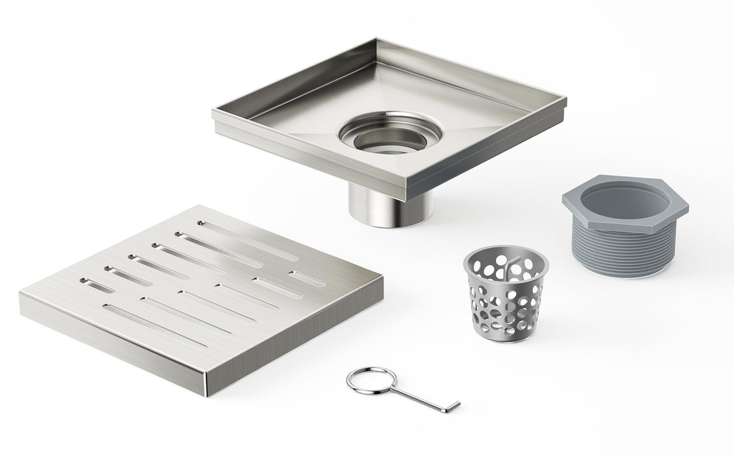 4 Inch Square Shower Drain, EMBATHER 304 Stainless Shower Floor Drain and Shower Drain Cover Included Hair Catcher and Leveling Feet, Brushed Nickel
