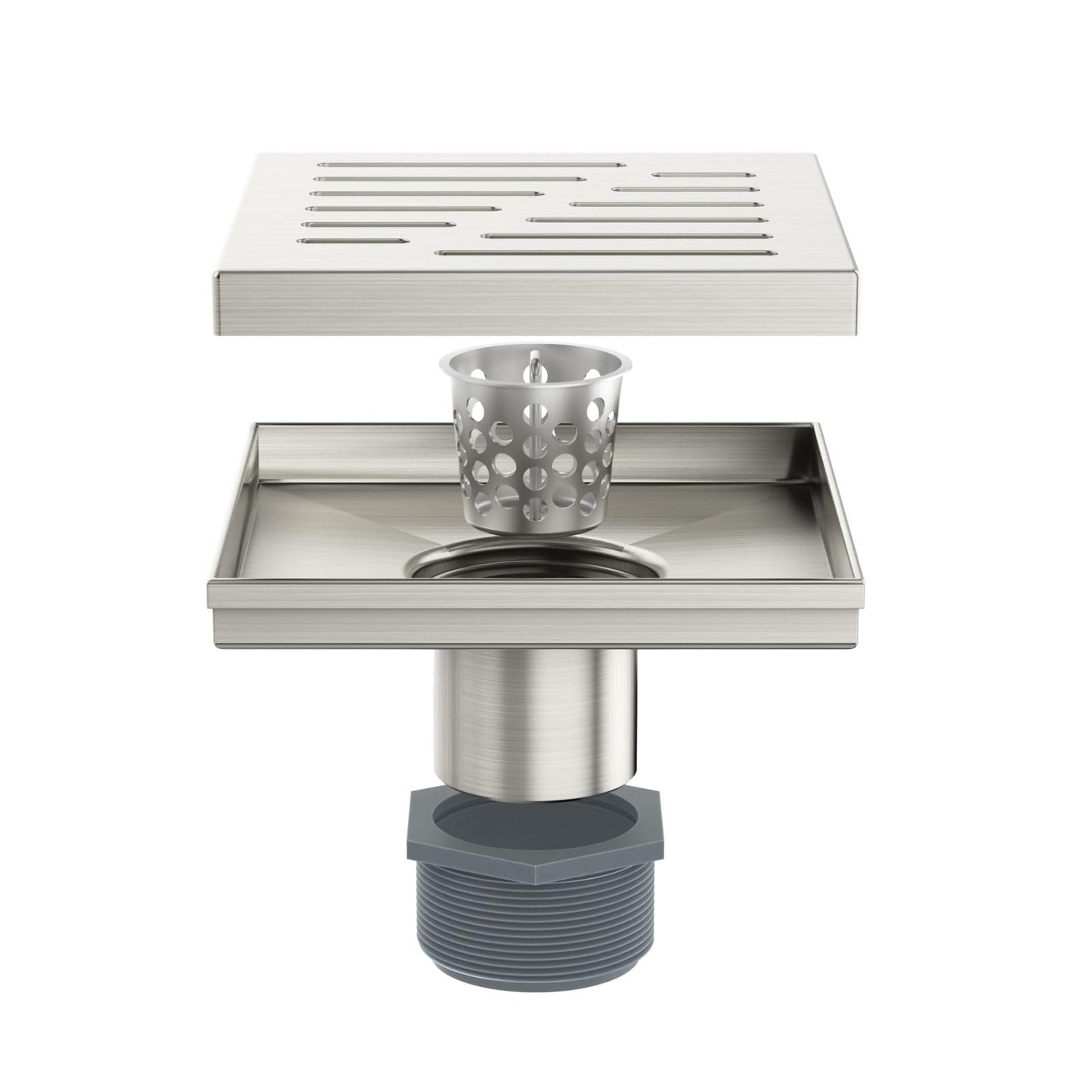 4 Inch Square Shower Drain, EMBATHER 304 Stainless Shower Floor Drain and Shower Drain Cover Included Hair Catcher and Leveling Feet, Brushed Nickel