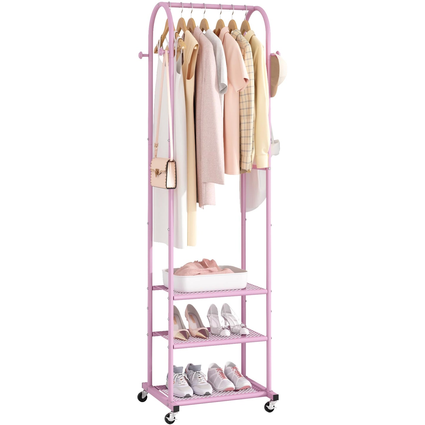 Duty Clothing Rack with Wheels,Modern Garment Rack with 3 Metal Shelves, 71.8Inches Display Rack for Hanging Clothes, Hanging Rod for Small Space,Gold