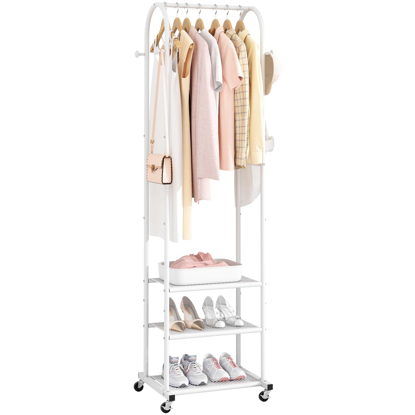 Duty Clothing Rack with Wheels,Modern Garment Rack with 3 Metal Shelves, 71.8Inches Display Rack for Hanging Clothes, Hanging Rod for Small Space,Gold