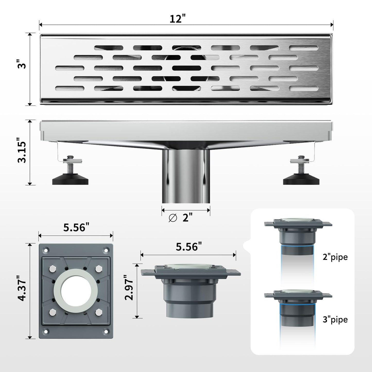 4 Inch Square Shower Drain, EMBATHER 304 Stainless Shower Floor Drain and Shower Drain Cover Included Hair Catcher and Leveling Feet, Brushed Nickel
