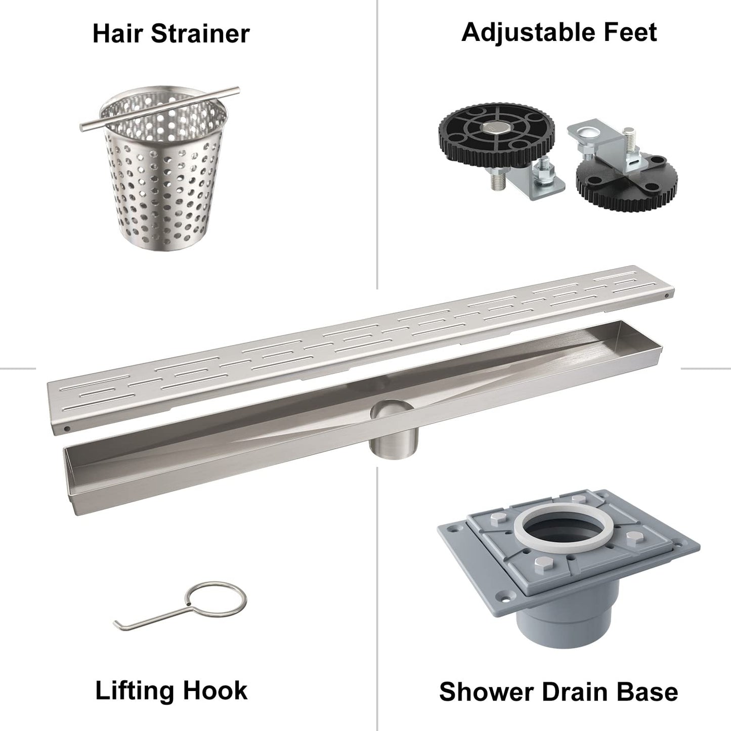 4 Inch Square Shower Drain, EMBATHER 304 Stainless Shower Floor Drain and Shower Drain Cover Included Hair Catcher and Leveling Feet, Brushed Nickel