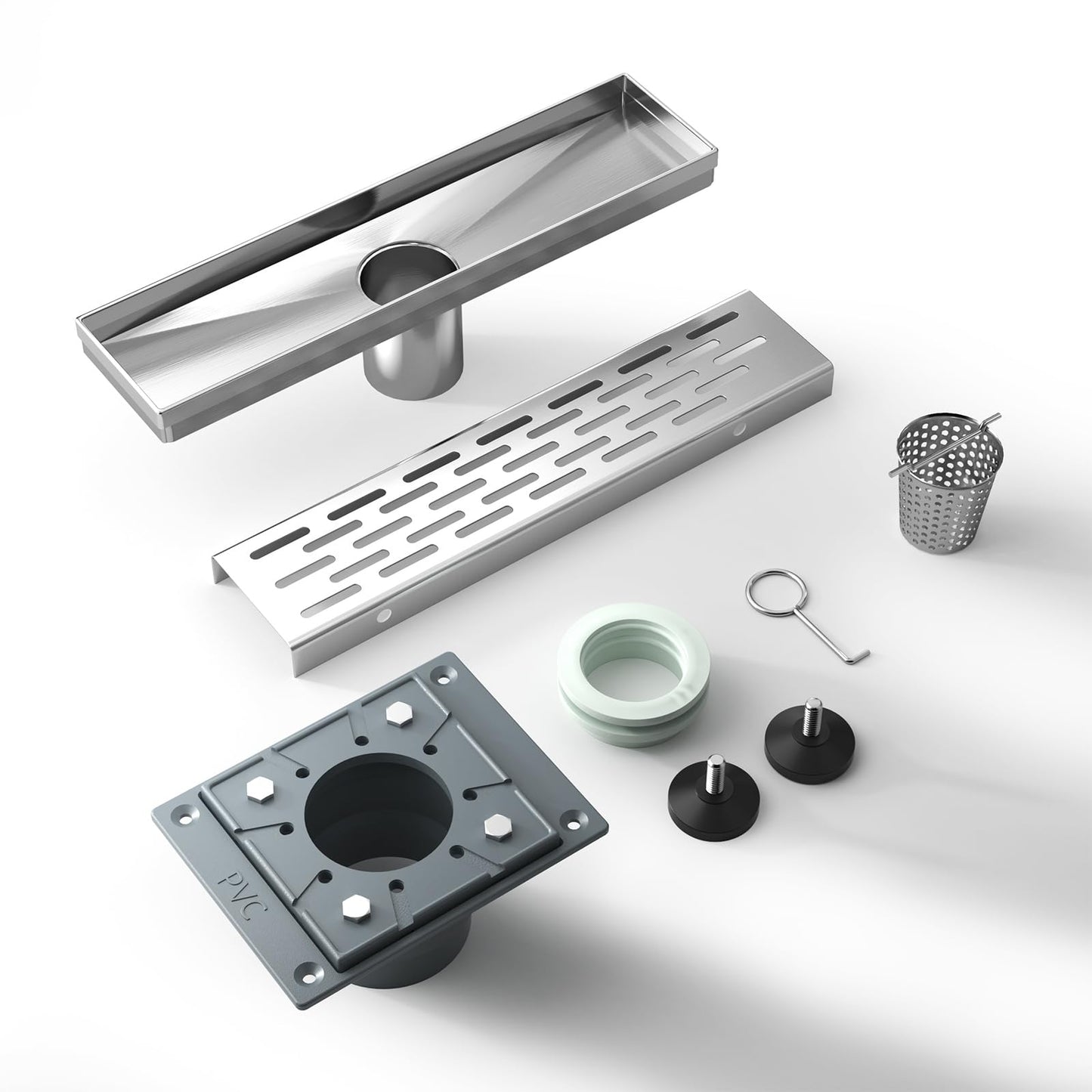 4 Inch Square Shower Drain, EMBATHER 304 Stainless Shower Floor Drain and Shower Drain Cover Included Hair Catcher and Leveling Feet, Brushed Nickel