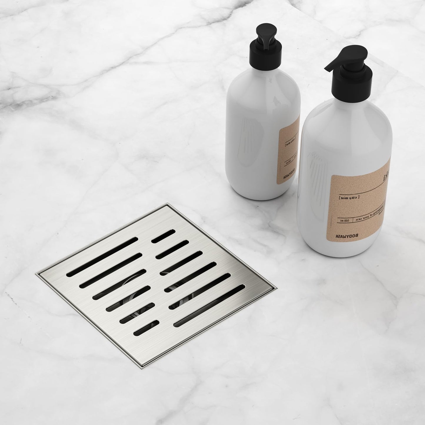 4 Inch Square Shower Drain, EMBATHER 304 Stainless Shower Floor Drain and Shower Drain Cover Included Hair Catcher and Leveling Feet, Brushed Nickel