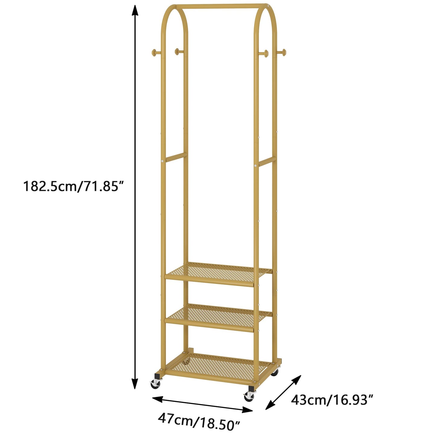 Duty Clothing Rack with Wheels,Modern Garment Rack with 3 Metal Shelves, 71.8Inches Display Rack for Hanging Clothes, Hanging Rod for Small Space,Gold