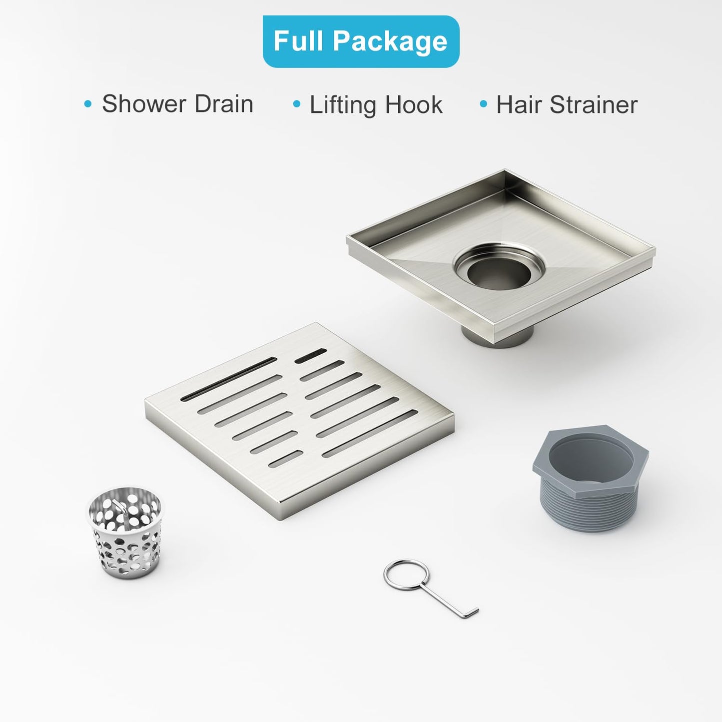 4 Inch Square Shower Drain, EMBATHER 304 Stainless Shower Floor Drain and Shower Drain Cover Included Hair Catcher and Leveling Feet, Brushed Nickel