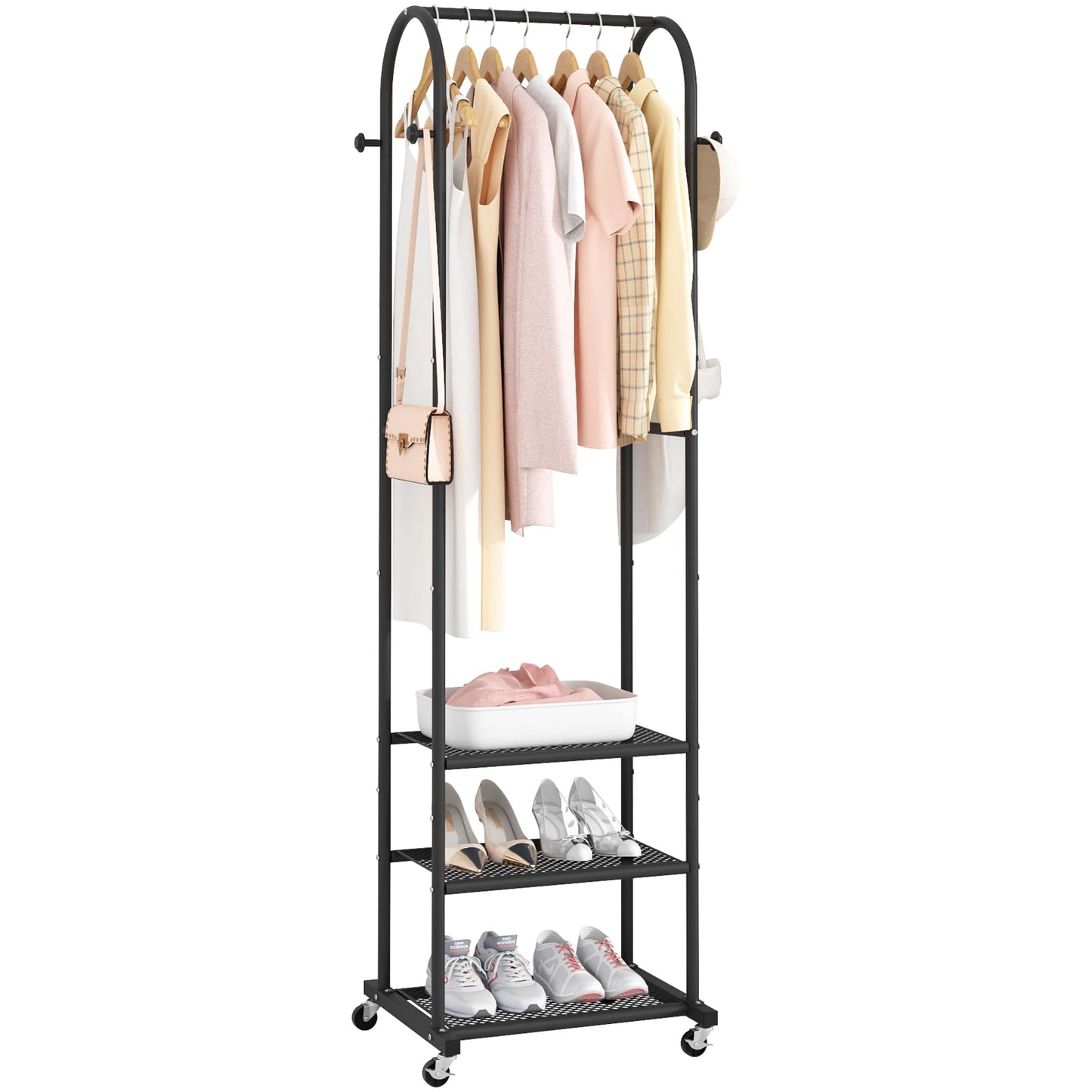 Duty Clothing Rack with Wheels,Modern Garment Rack with 3 Metal Shelves, 71.8Inches Display Rack for Hanging Clothes, Hanging Rod for Small Space,Gold