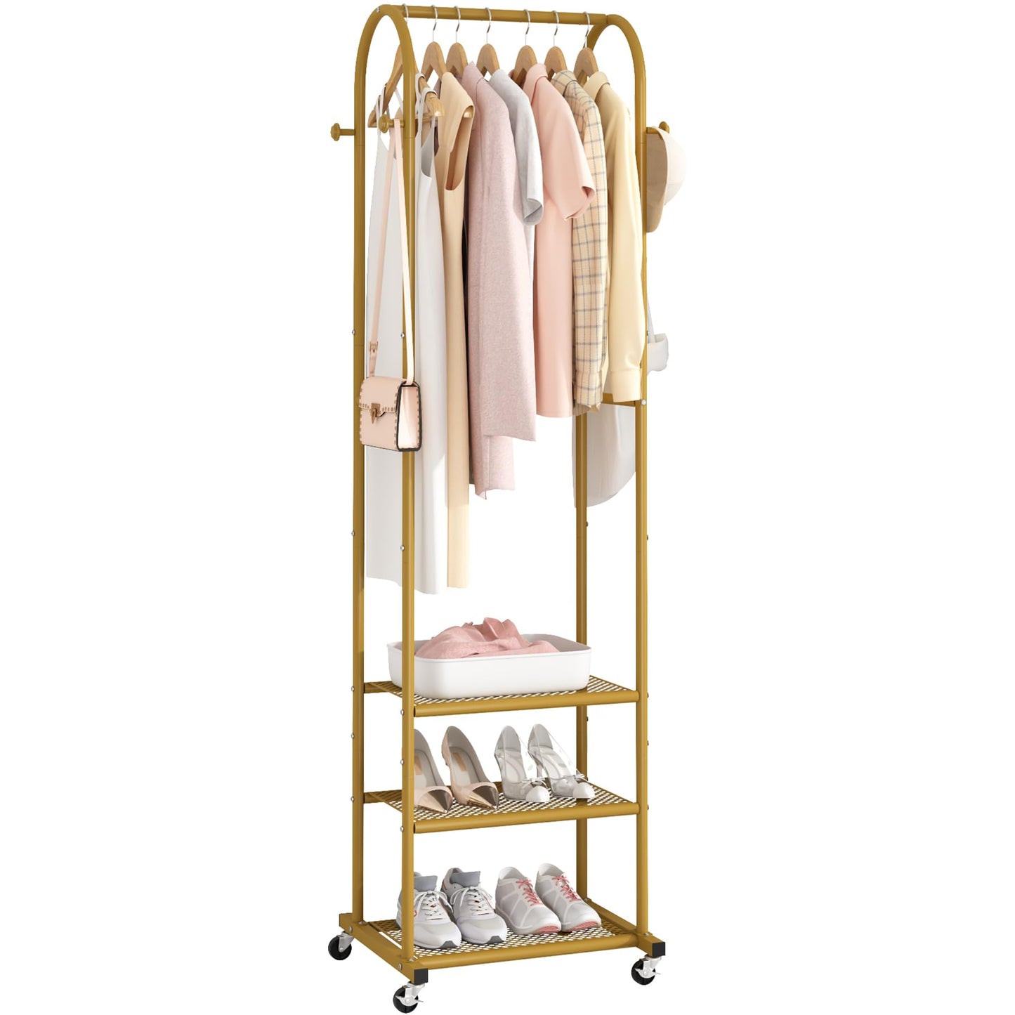 Duty Clothing Rack with Wheels,Modern Garment Rack with 3 Metal Shelves, 71.8Inches Display Rack for Hanging Clothes, Hanging Rod for Small Space,Gold