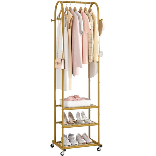 Duty Clothing Rack with Wheels,Modern Garment Rack with 3 Metal Shelves, 71.8Inches Display Rack for Hanging Clothes, Hanging Rod for Small Space,Gold