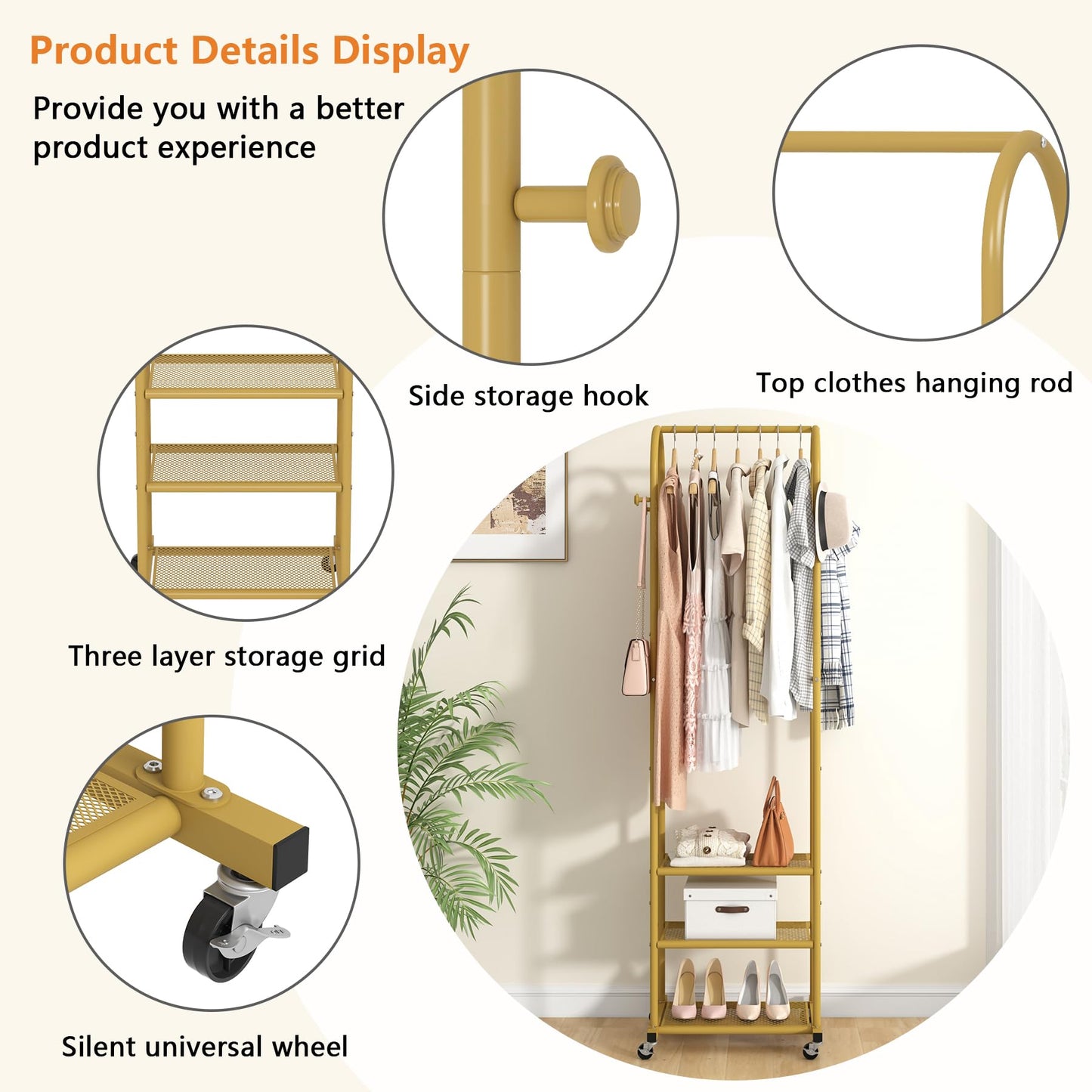 Duty Clothing Rack with Wheels,Modern Garment Rack with 3 Metal Shelves, 71.8Inches Display Rack for Hanging Clothes, Hanging Rod for Small Space,Gold