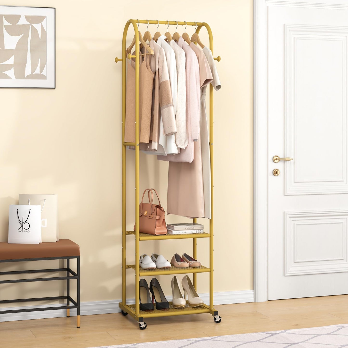 Duty Clothing Rack with Wheels,Modern Garment Rack with 3 Metal Shelves, 71.8Inches Display Rack for Hanging Clothes, Hanging Rod for Small Space,Gold