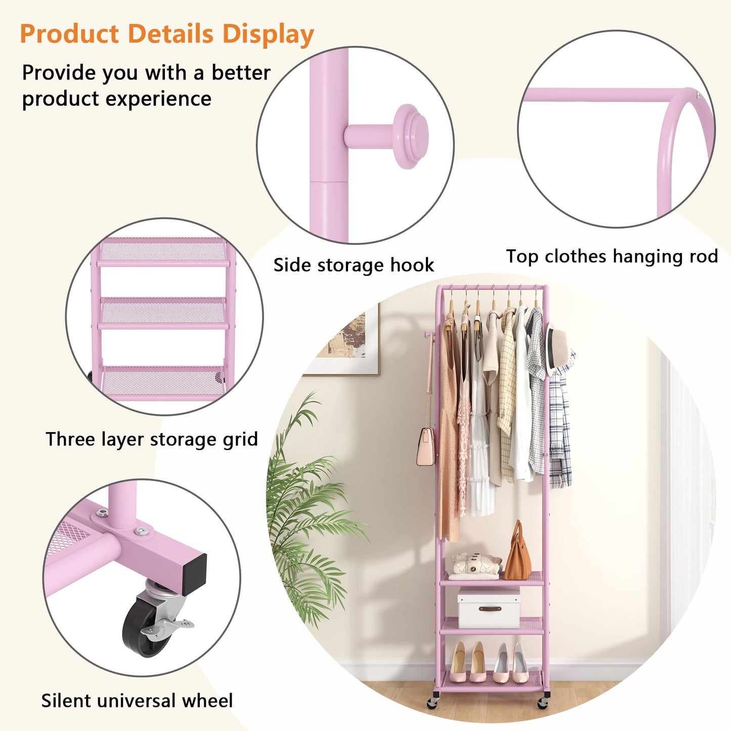 Duty Clothing Rack with Wheels,Modern Garment Rack with 3 Metal Shelves, 71.8Inches Display Rack for Hanging Clothes, Hanging Rod for Small Space,Gold