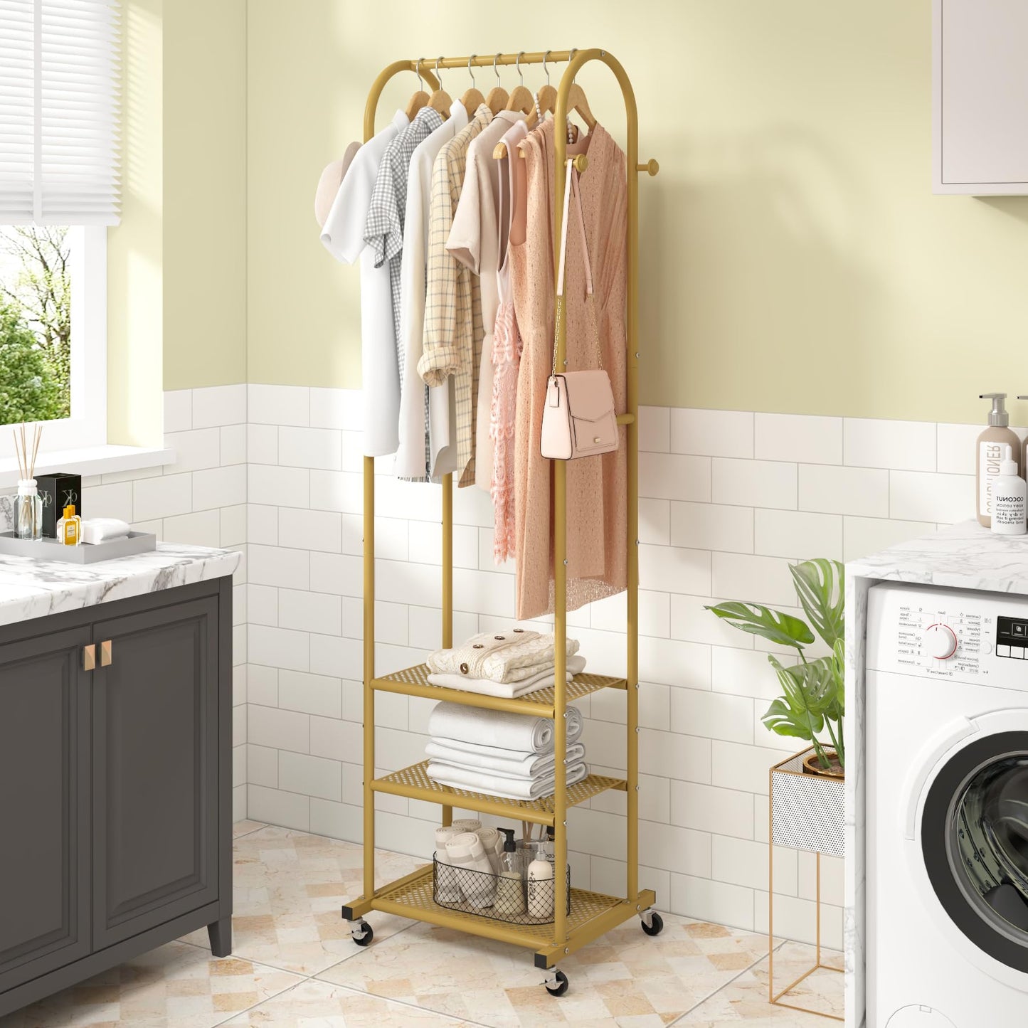 Duty Clothing Rack with Wheels,Modern Garment Rack with 3 Metal Shelves, 71.8Inches Display Rack for Hanging Clothes, Hanging Rod for Small Space,Gold
