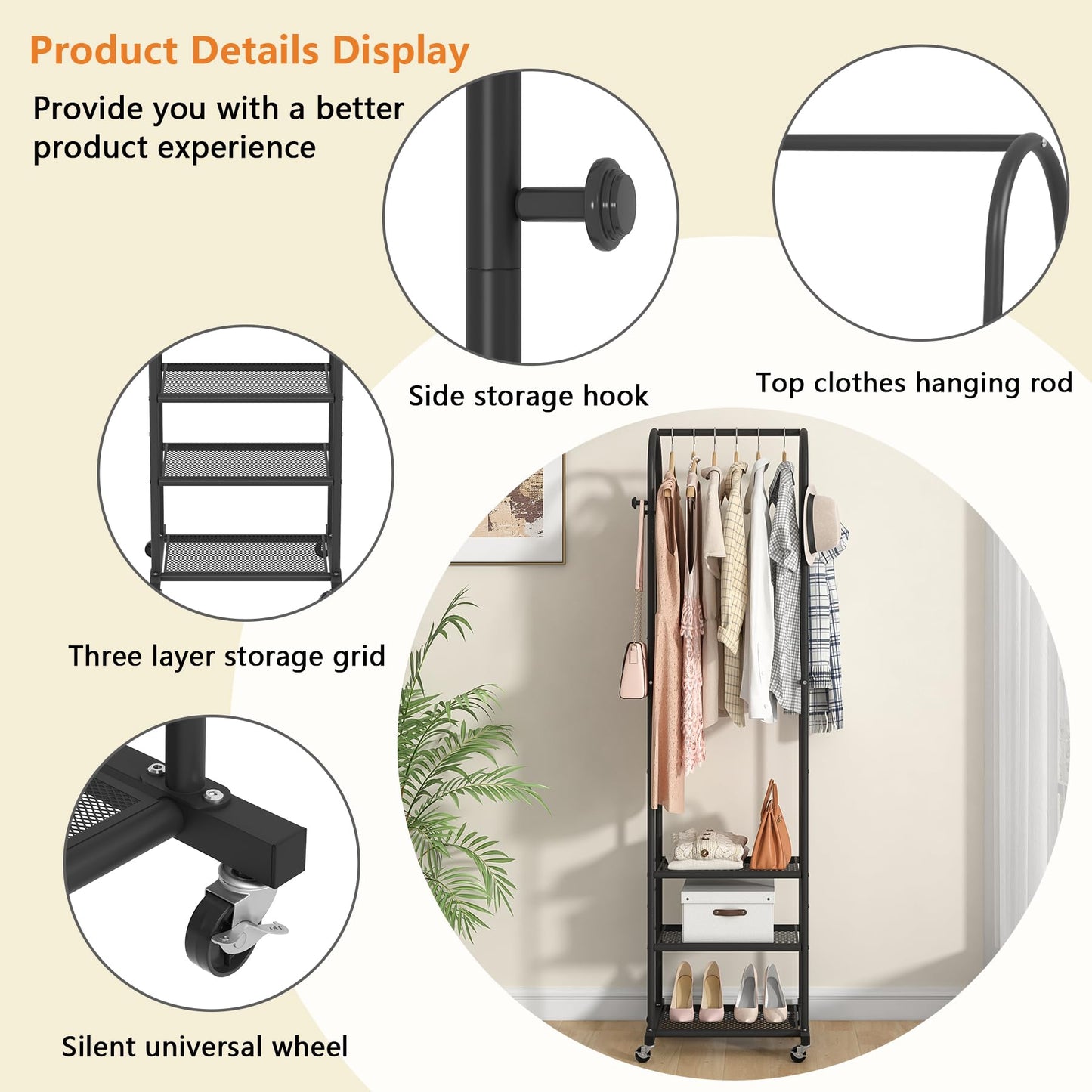 Duty Clothing Rack with Wheels,Modern Garment Rack with 3 Metal Shelves, 71.8Inches Display Rack for Hanging Clothes, Hanging Rod for Small Space,Gold