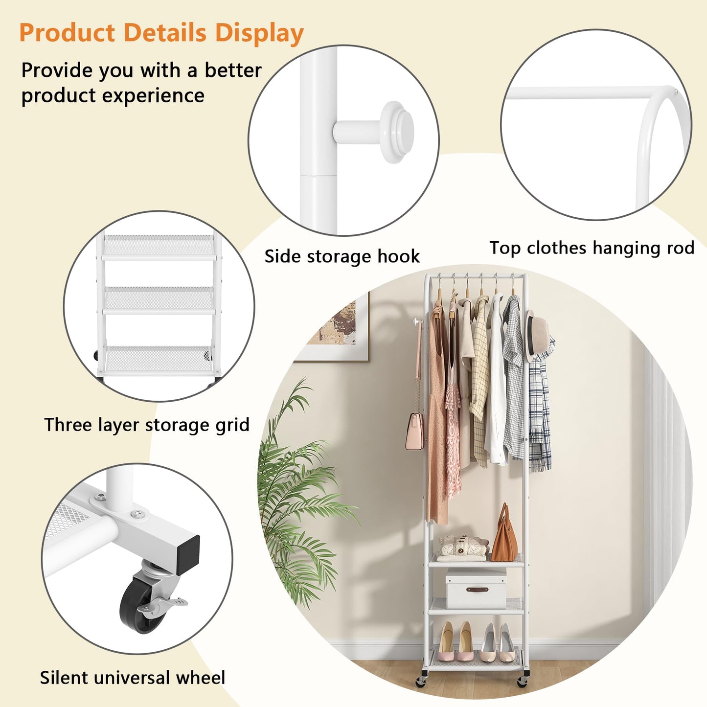 Duty Clothing Rack with Wheels,Modern Garment Rack with 3 Metal Shelves, 71.8Inches Display Rack for Hanging Clothes, Hanging Rod for Small Space,Gold