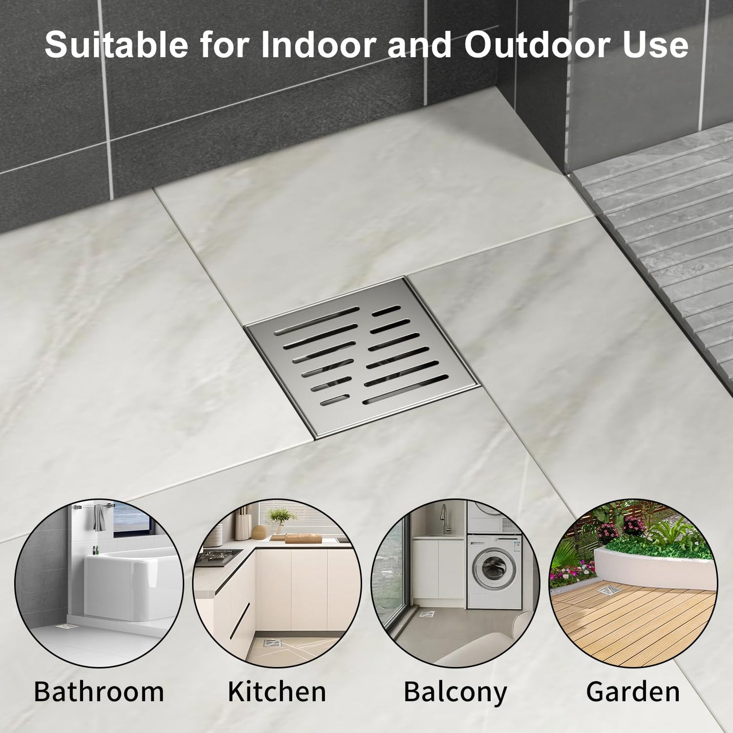 4 Inch Square Shower Drain, EMBATHER 304 Stainless Shower Floor Drain and Shower Drain Cover Included Hair Catcher and Leveling Feet, Brushed Nickel