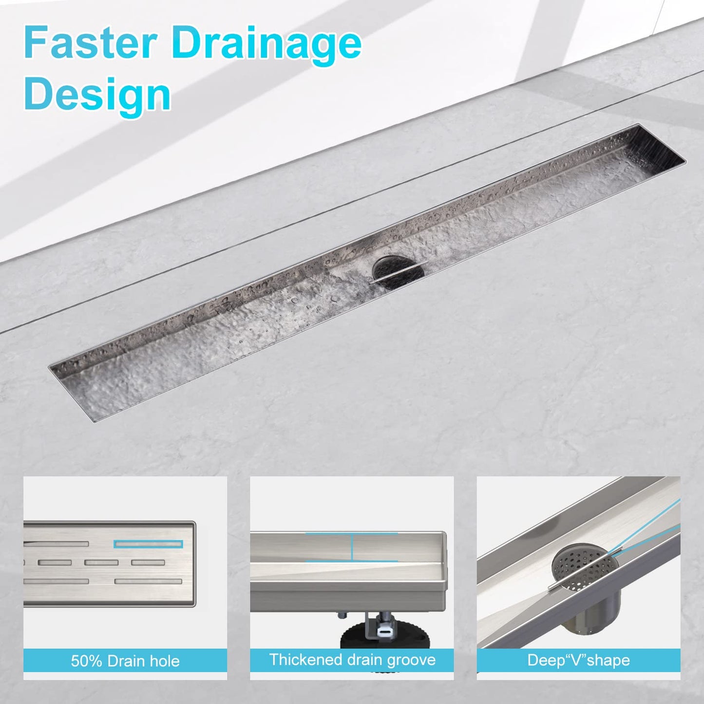 4 Inch Square Shower Drain, EMBATHER 304 Stainless Shower Floor Drain and Shower Drain Cover Included Hair Catcher and Leveling Feet, Brushed Nickel