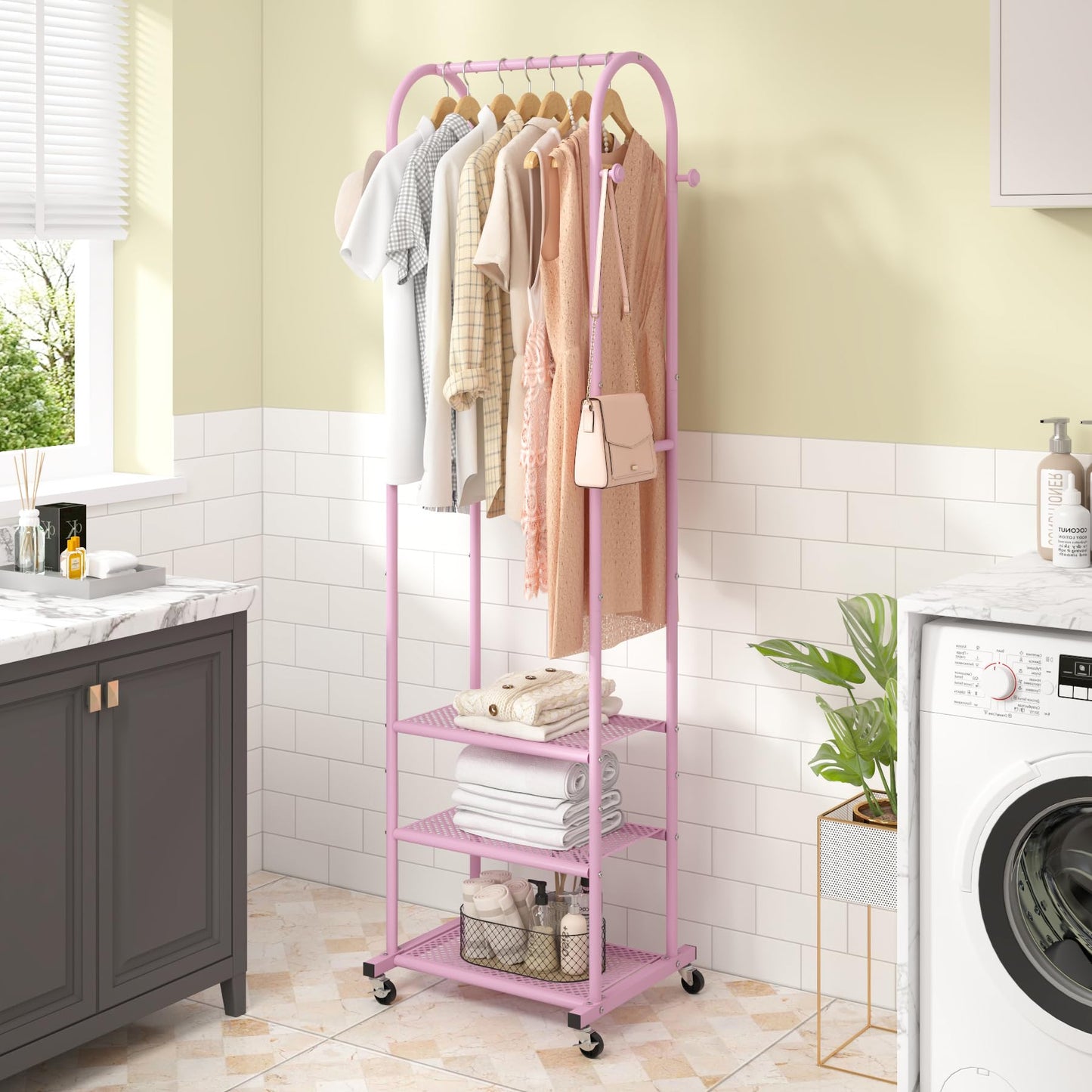 Duty Clothing Rack with Wheels,Modern Garment Rack with 3 Metal Shelves, 71.8Inches Display Rack for Hanging Clothes, Hanging Rod for Small Space,Gold