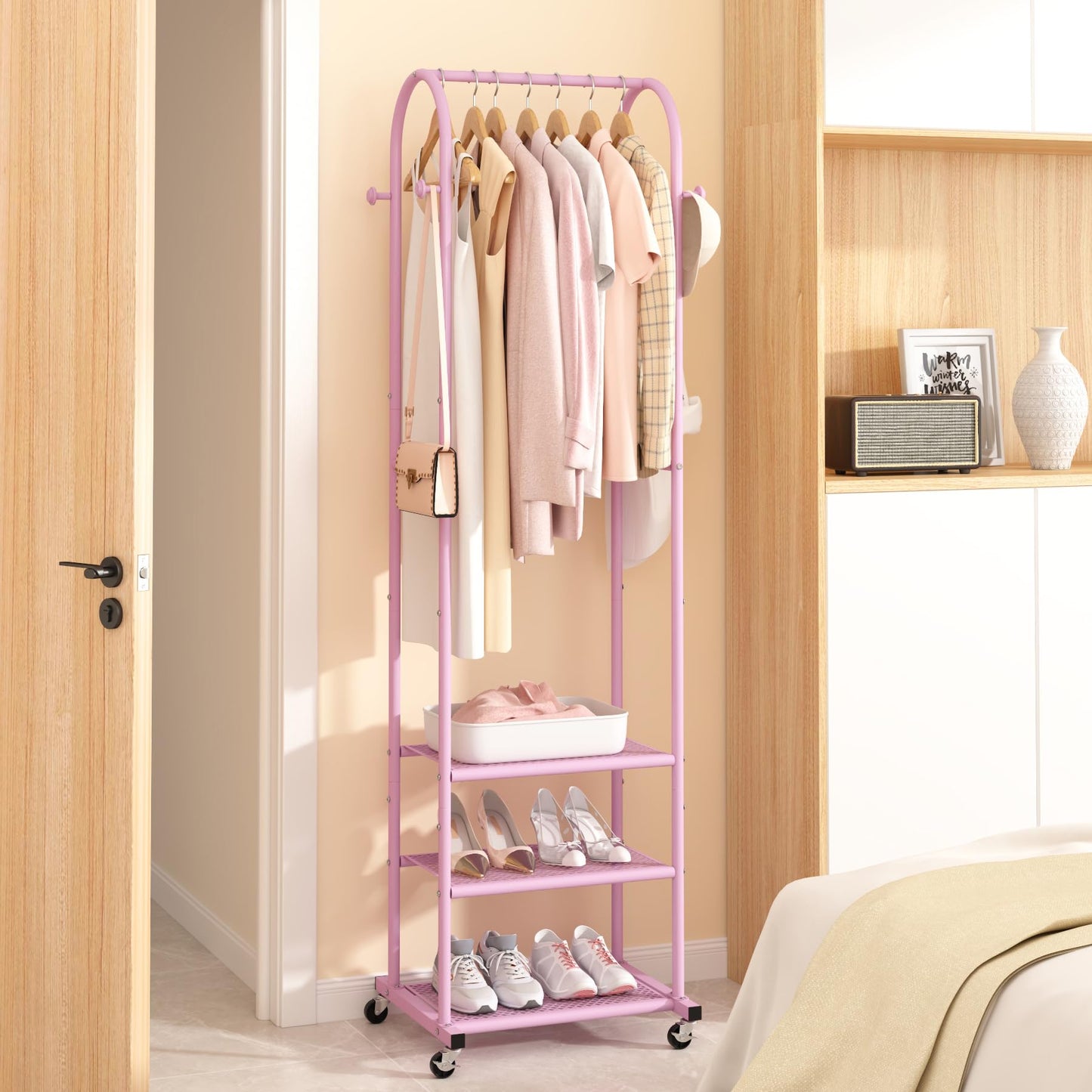 Duty Clothing Rack with Wheels,Modern Garment Rack with 3 Metal Shelves, 71.8Inches Display Rack for Hanging Clothes, Hanging Rod for Small Space,Gold