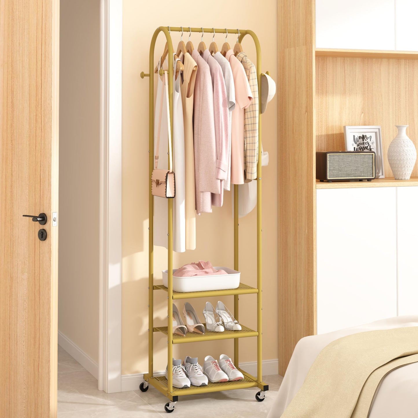 Duty Clothing Rack with Wheels,Modern Garment Rack with 3 Metal Shelves, 71.8Inches Display Rack for Hanging Clothes, Hanging Rod for Small Space,Gold