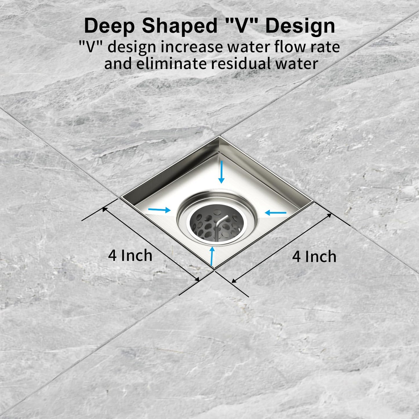 4 Inch Square Shower Drain, EMBATHER 304 Stainless Shower Floor Drain and Shower Drain Cover Included Hair Catcher and Leveling Feet, Brushed Nickel