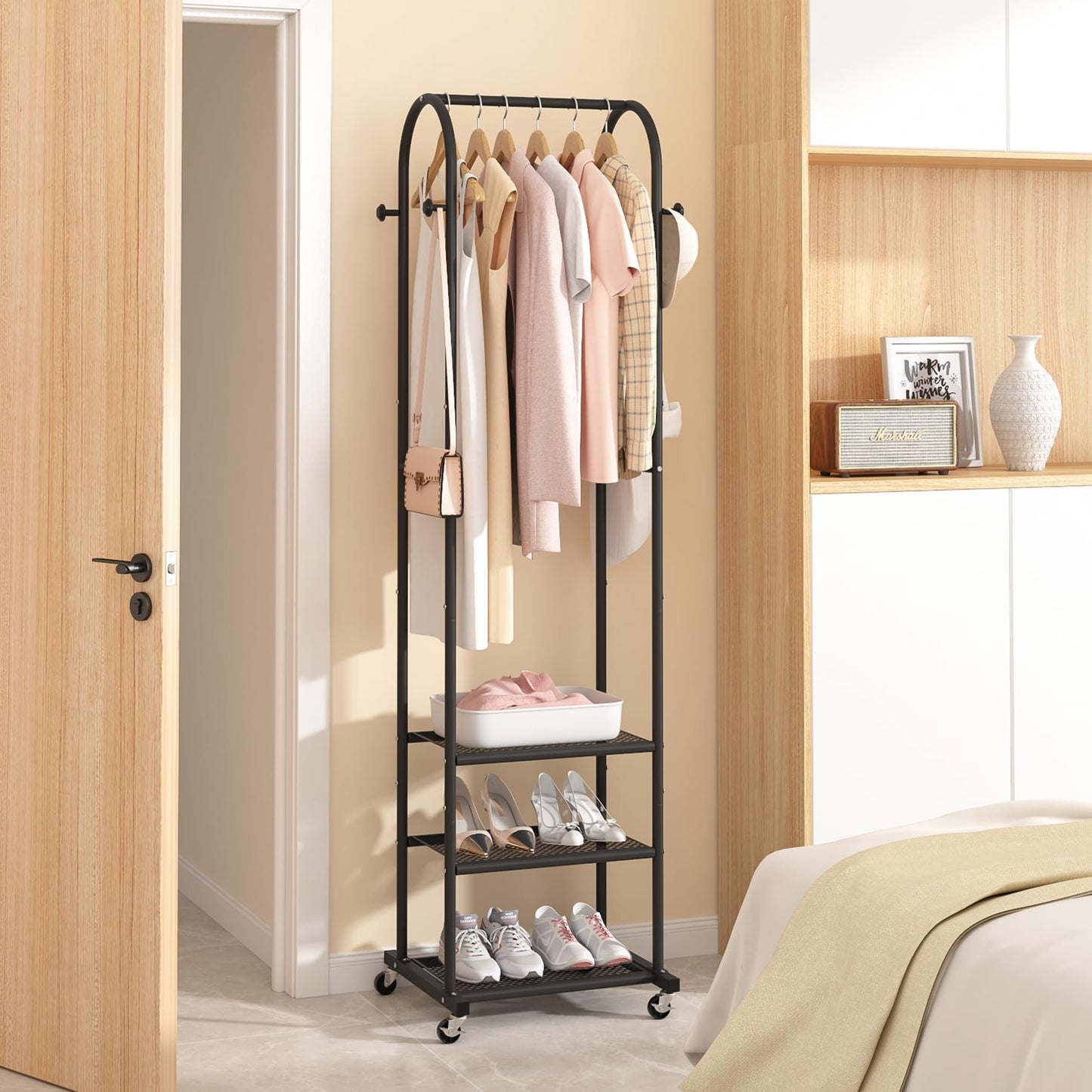 Duty Clothing Rack with Wheels,Modern Garment Rack with 3 Metal Shelves, 71.8Inches Display Rack for Hanging Clothes, Hanging Rod for Small Space,Gold