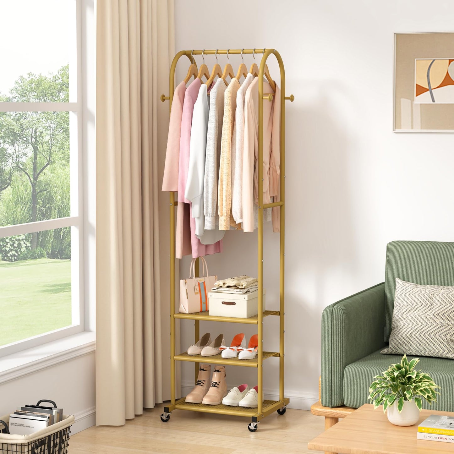 Duty Clothing Rack with Wheels,Modern Garment Rack with 3 Metal Shelves, 71.8Inches Display Rack for Hanging Clothes, Hanging Rod for Small Space,Gold