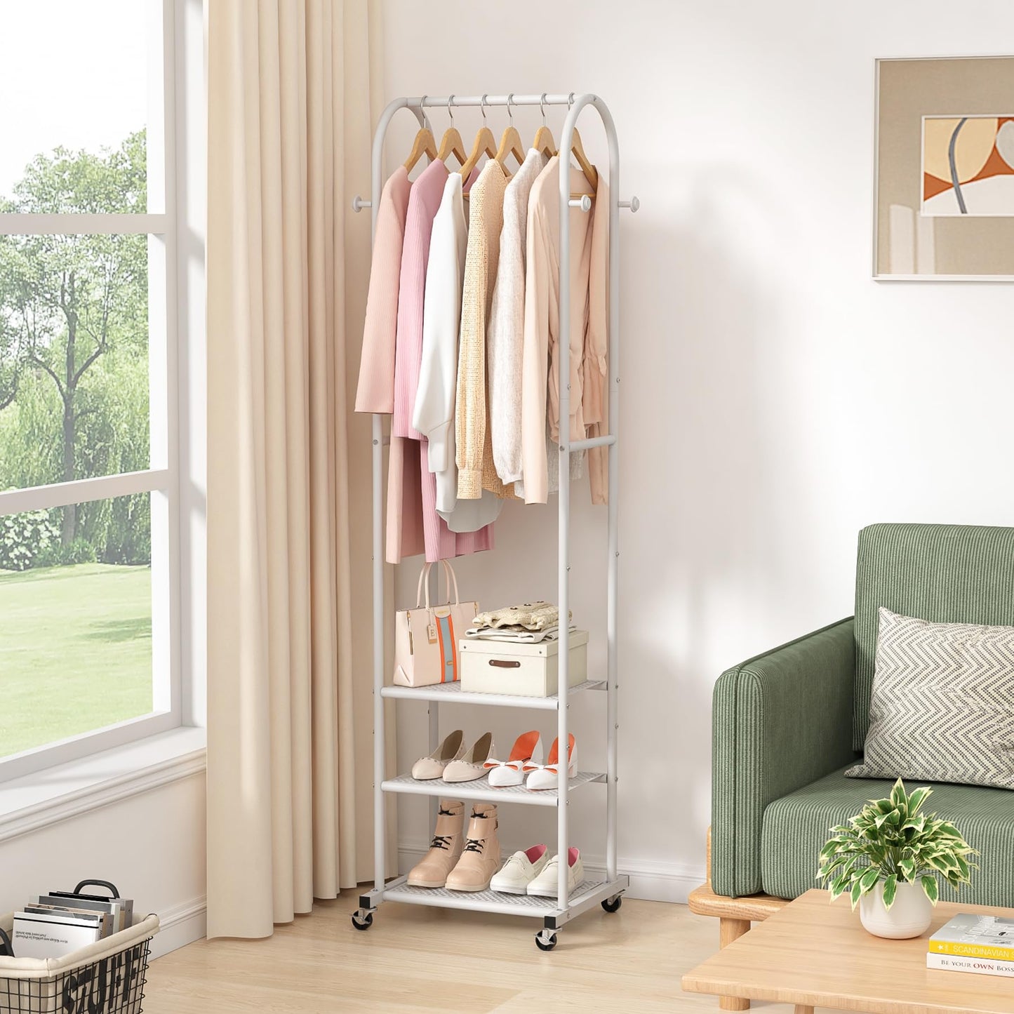 Duty Clothing Rack with Wheels,Modern Garment Rack with 3 Metal Shelves, 71.8Inches Display Rack for Hanging Clothes, Hanging Rod for Small Space,Gold
