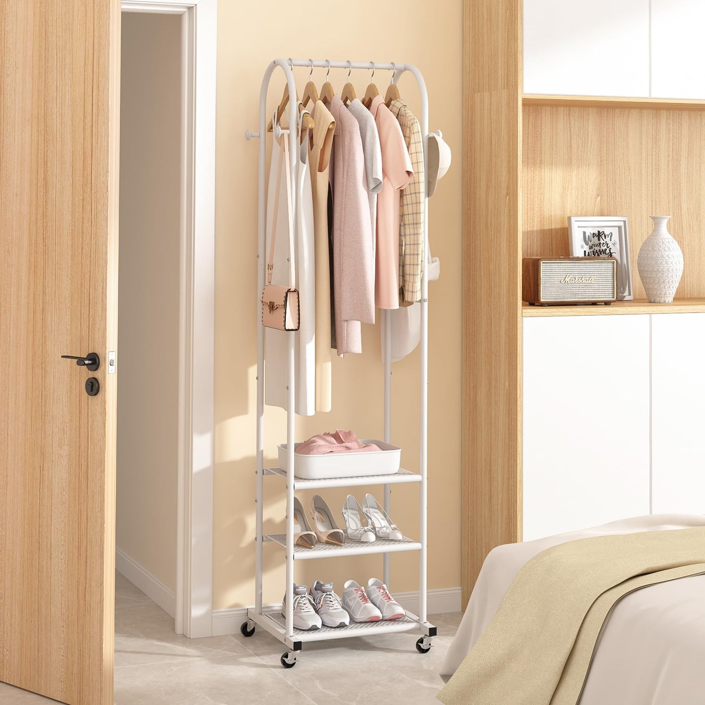 Duty Clothing Rack with Wheels,Modern Garment Rack with 3 Metal Shelves, 71.8Inches Display Rack for Hanging Clothes, Hanging Rod for Small Space,Gold