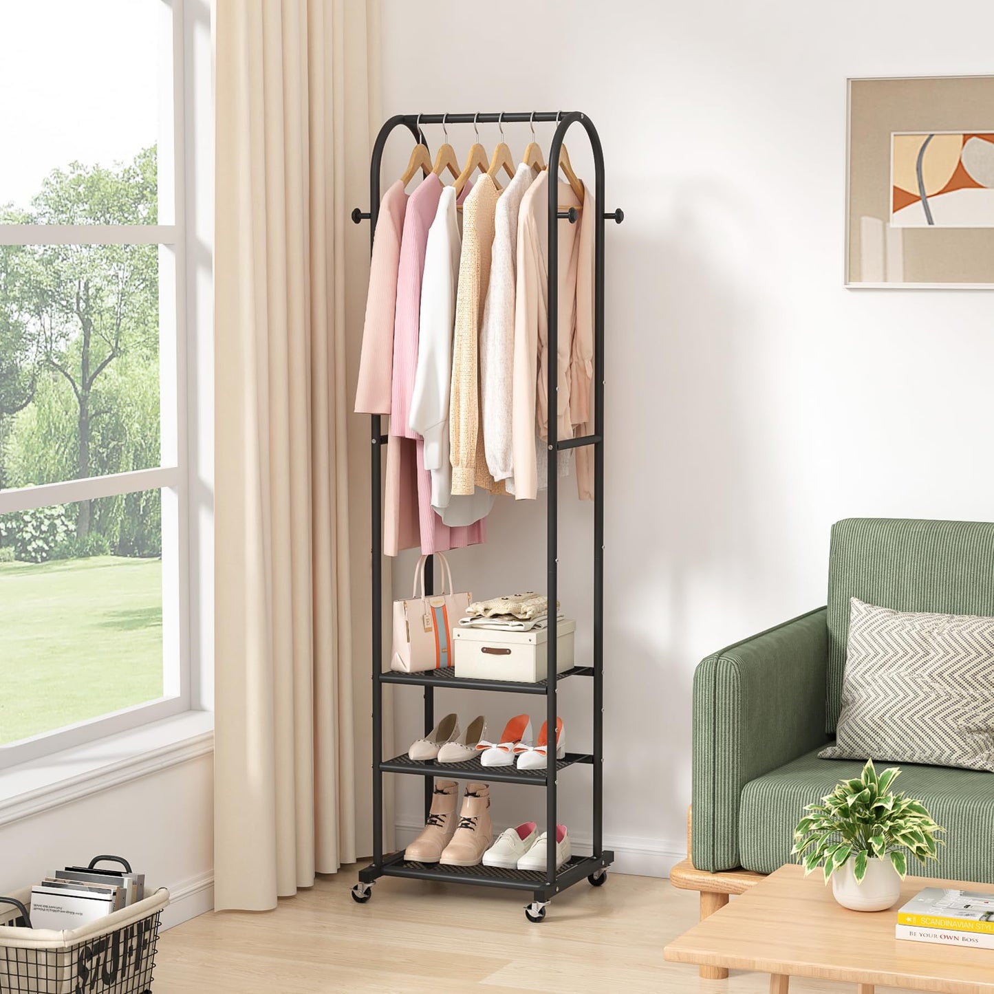 Duty Clothing Rack with Wheels,Modern Garment Rack with 3 Metal Shelves, 71.8Inches Display Rack for Hanging Clothes, Hanging Rod for Small Space,Gold