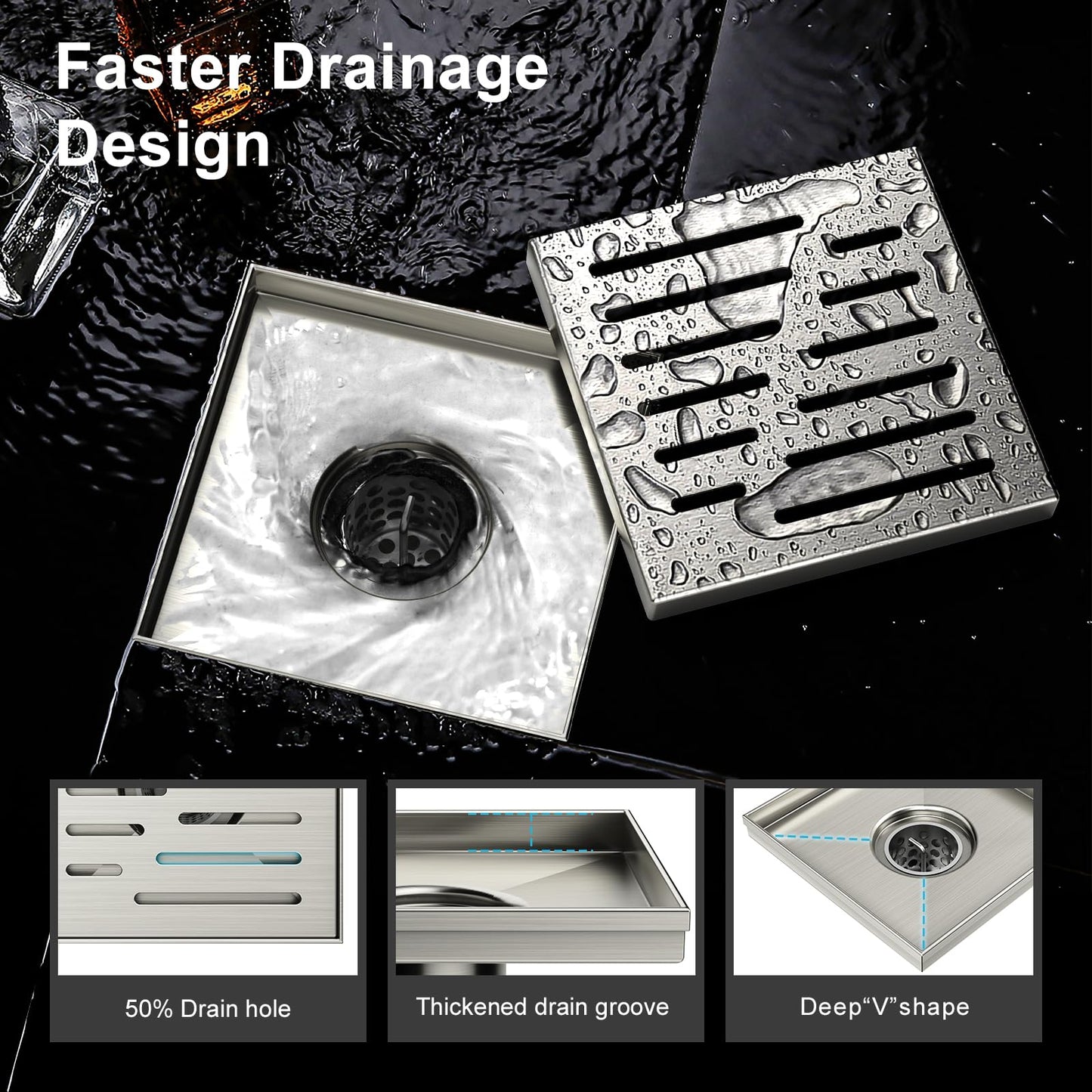 4 Inch Square Shower Drain, EMBATHER 304 Stainless Shower Floor Drain and Shower Drain Cover Included Hair Catcher and Leveling Feet, Brushed Nickel