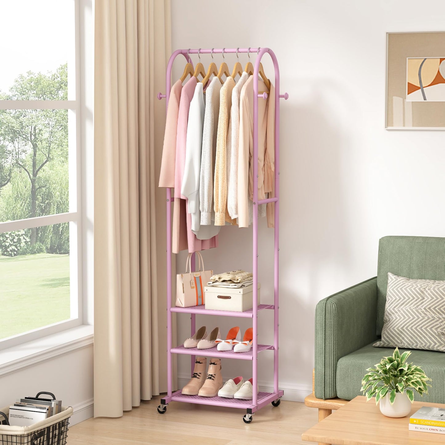 Duty Clothing Rack with Wheels,Modern Garment Rack with 3 Metal Shelves, 71.8Inches Display Rack for Hanging Clothes, Hanging Rod for Small Space,Gold