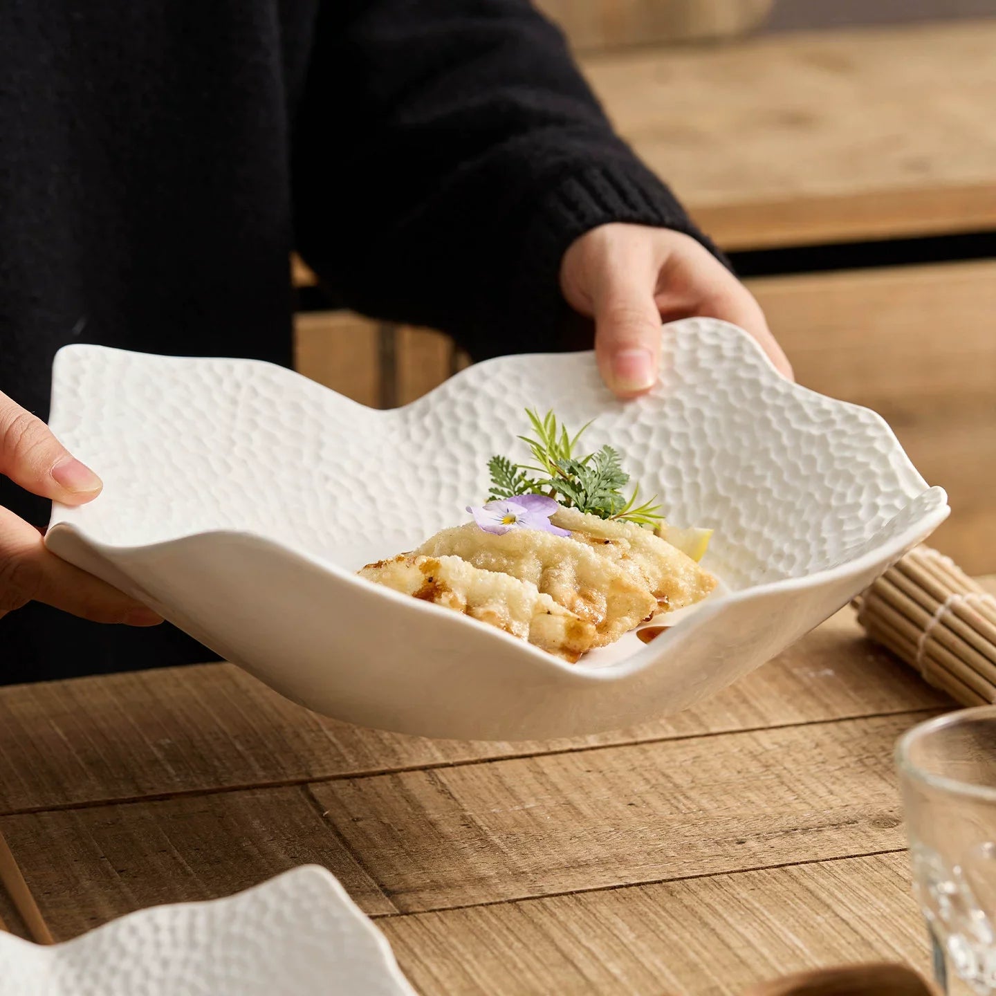 Matte Lattice Irregular Square Plate – Artisanal Sculptural Dinnerware Collection