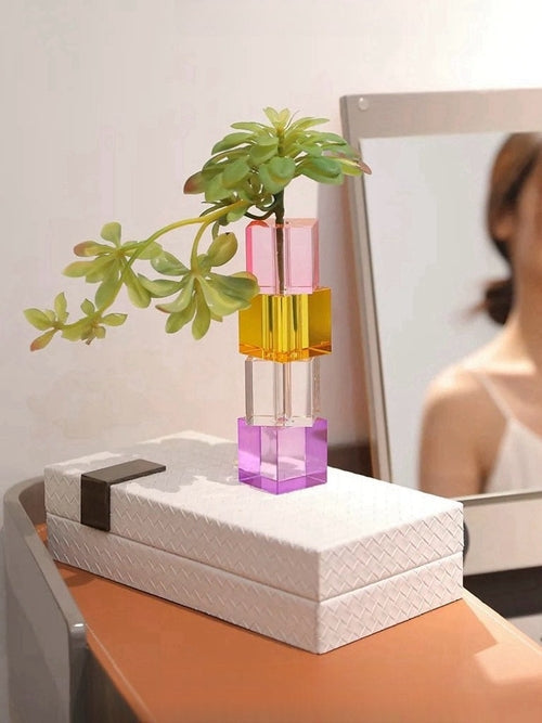 Modern Crystal Cube Bud Vase – Dopamine Rainbow Glass Table Centerpiece
